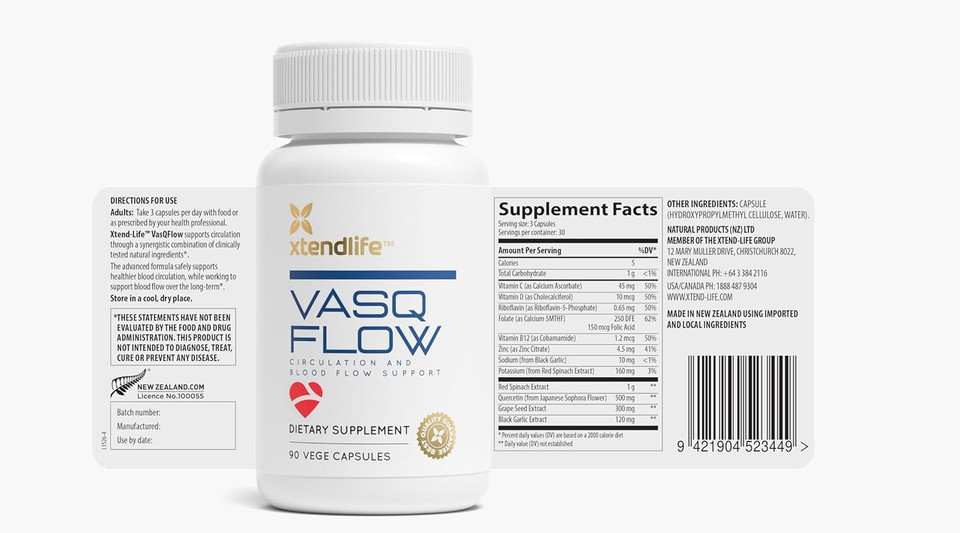Xtendlife Vasqflow Natural Nitric Oxide Booster Supplement - Circulation & Blood Flow Support With Red Spinach Extract & Aged Garlic - Energy, Heart Health, Muscle Support - 1 Month Supply (90 Count)