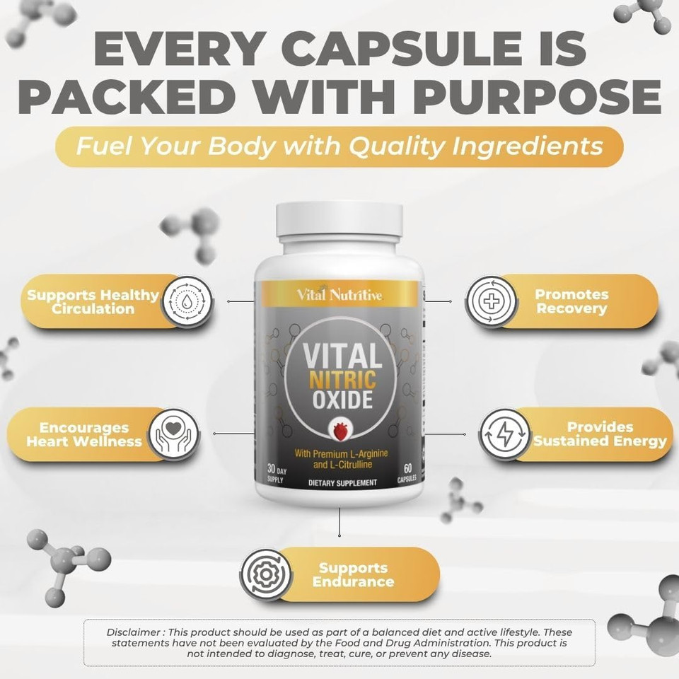 Vital Nitric Oxide Supplements For Men - Workout Booster Supplement For Men - Nitrous Oxide Boost Blood Flow, Blood Pressure, Energy & Workout Performance With L Arginine L Citruline-90 Days Supply