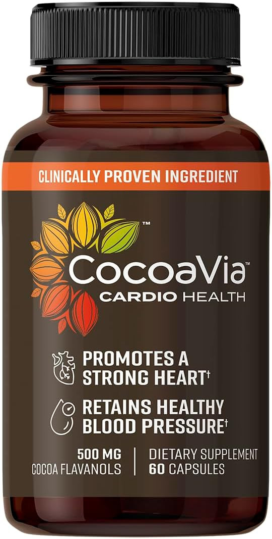Cocoavia Cardio Health Supplement, 60 Day, 500Mg Cocoa Flavanols, Support Heart Health, Boost Nitric Oxide, Blood Circulation, Energy, Vegan, Dark Chocolate, 120 Capsules