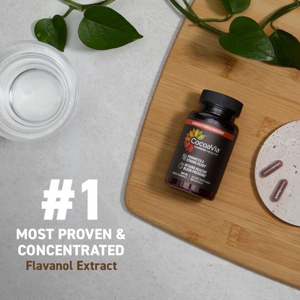 Cocoavia Cardio Health Supplement, 60 Day, 500Mg Cocoa Flavanols, Support Heart Health, Boost Nitric Oxide, Blood Circulation, Energy, Vegan, Dark Chocolate, 120 Capsules