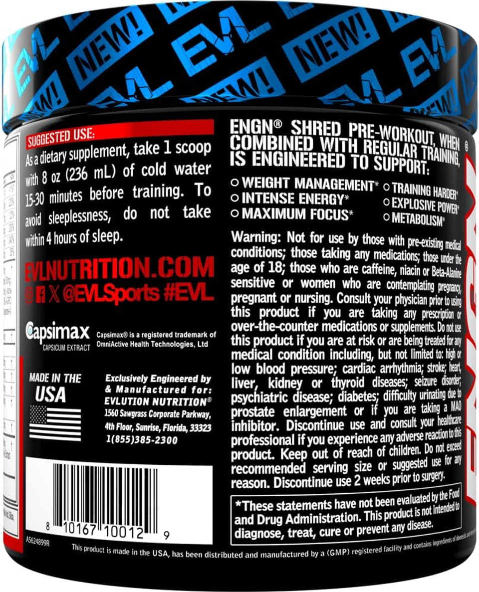 Evl Ultimate Pre Workout Powder - Thermogenic Fat Burn Support Preworkout Powder Drink For Lasting Energy Focus And Stamina - Engn Shred Intense Creatine Free Preworkout Drink Mix - Fruit Punch