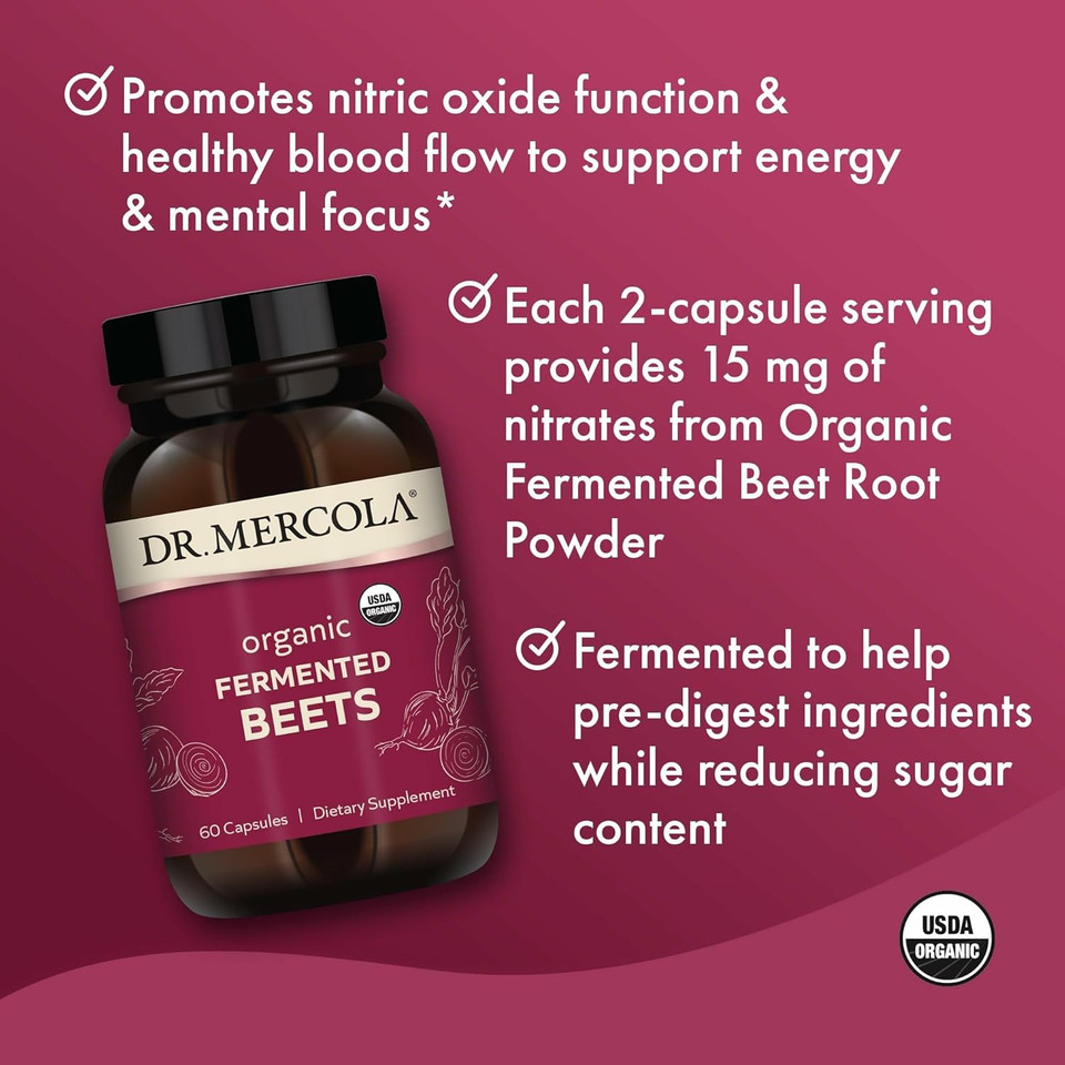 Dr. Mercola Organic Fermented Beets - Nitric Oxide Support - Usda Organic, Non-Gmo, Gluten-Free & Soy-Free - 60 Capsules