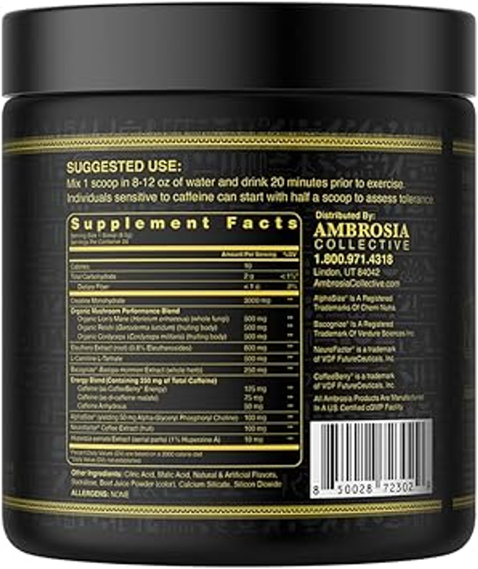 Ambrosia Kinetic Organic Preworkout, Mushroom Enhanced Natural Pre Workout Supplement, Nootropic Superfood Powder For Energy (Strawberry Guava)