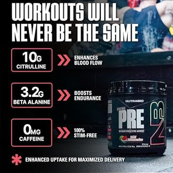 Nutrabio Stim-Free Pre Workout For Men, New Formula | Laser Focus, Extreme Pumps | Performance, Endurance | 10G Citrulline, Beta Alanine, Nitrates, Nootropics, Electrolytes - 20 Servings Watermelon