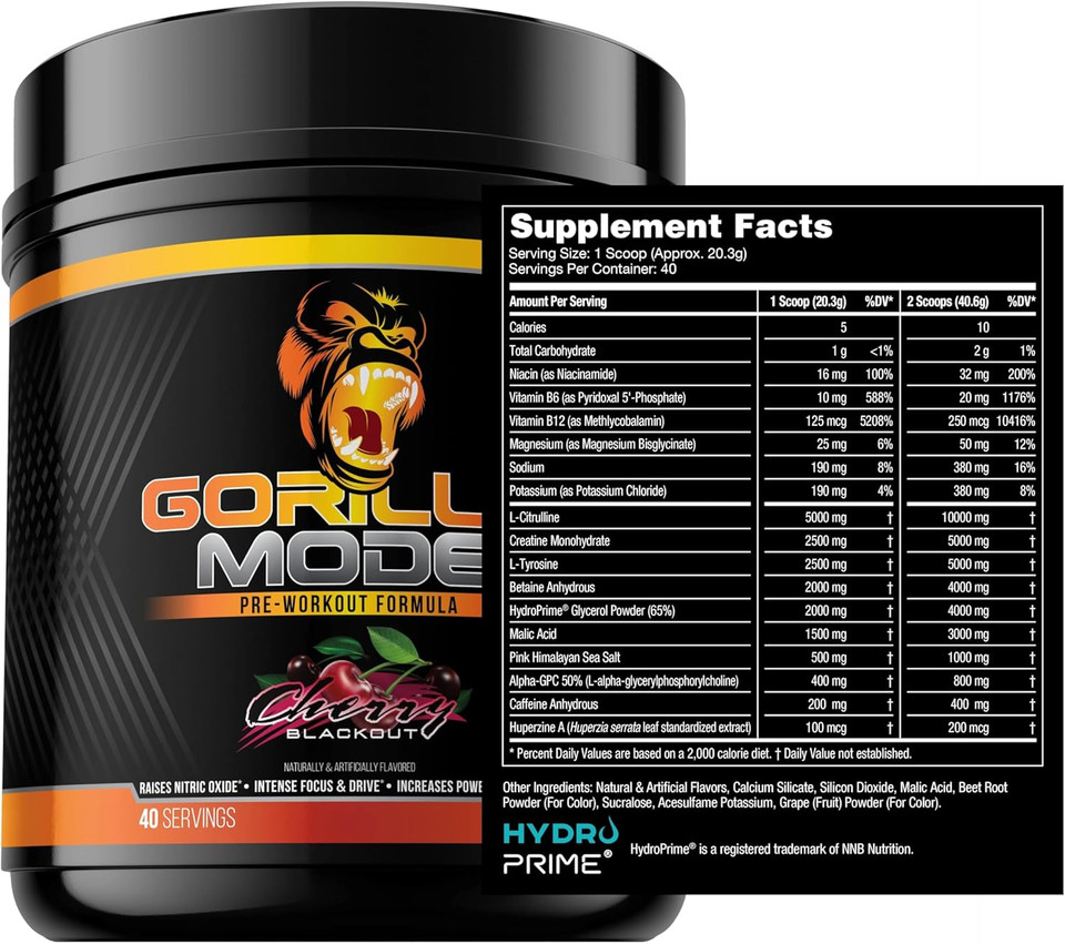 Gorilla Mind Pre Workout - Massive Pumps Laser Focus Energy Power - L-Citrulline, Creatine, L-Tyrosine, Betaine, Hydroprime, Alpha-Gpc, 400Mg Caffeine, Huperzine A 786G (Cotton Candy Grape)