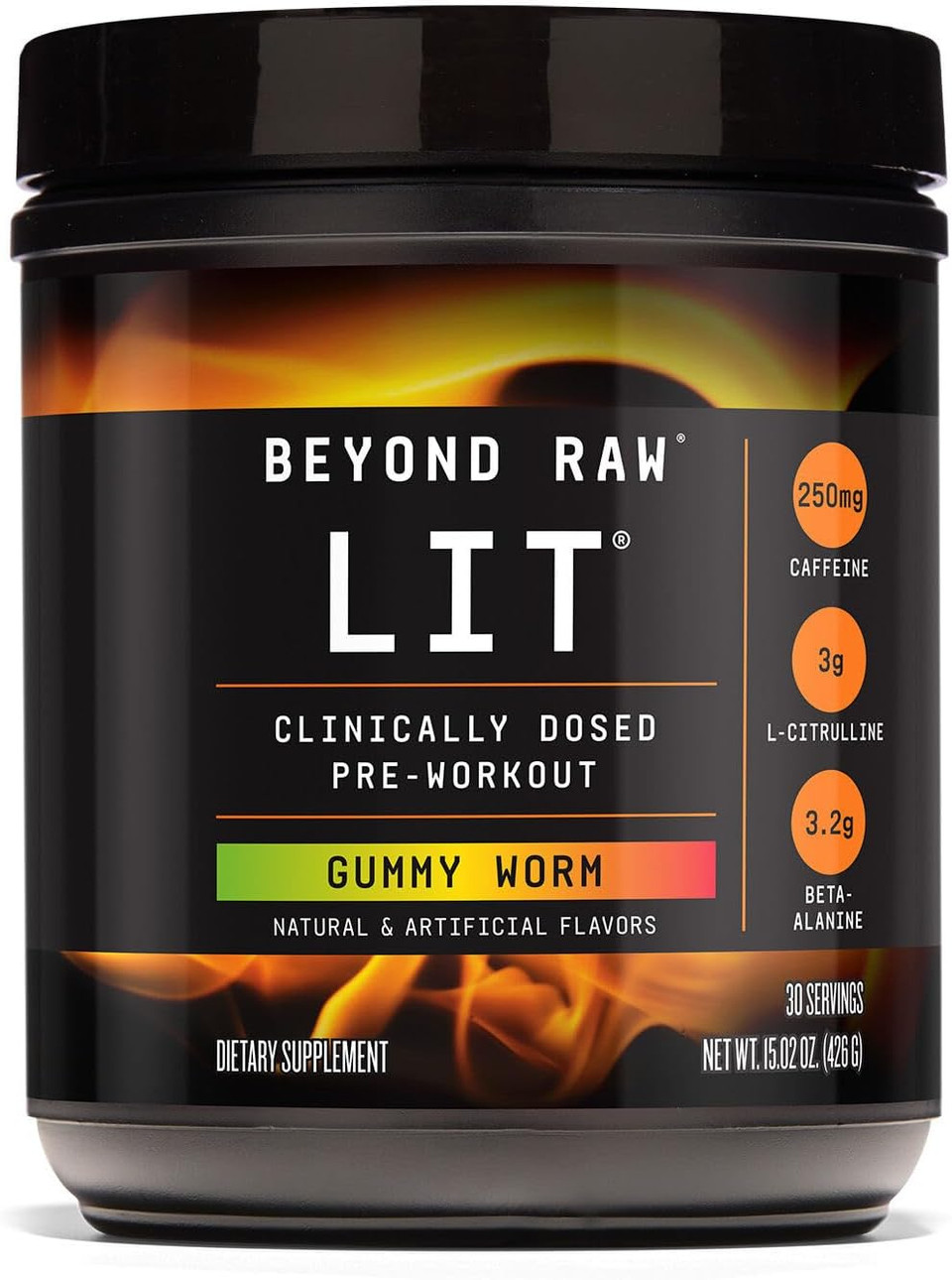 Beyond Raw Lit Pre Workout Powder Supplement For Men And Women, Energy, Focus, Endurance, Pumps, Nitric Oxide Boost, 250Mg Caffeine, Creatine, Beta Alanine, Jolly Rancher Green Apple, 30 Servings