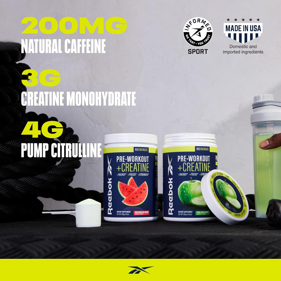Reebok Pre-Workout Powder | 200Mg Natural Caffeine, 3G Creatine Monohydrate, 4G Citrulline | Strength, Focus & Pump | Informed-Sport Certified | Reeenergize | Sour Green Apple