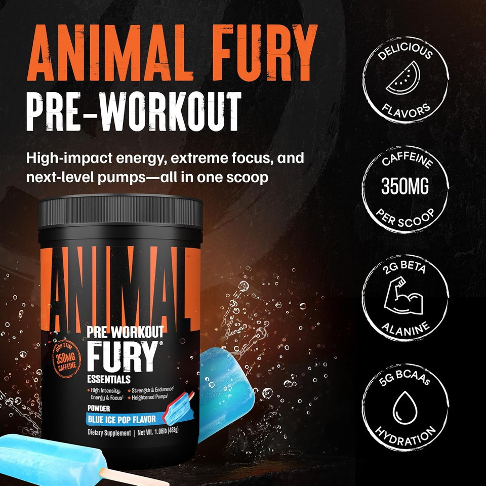 Animal Fury - Pre Workout Powder Supplement For Energy And Focus - 5G Bcaa, 350Mg Caffeine Nitric Oxide Without Creatine - Powerful Stimulant For Bodybuilders - Blue Raspberry