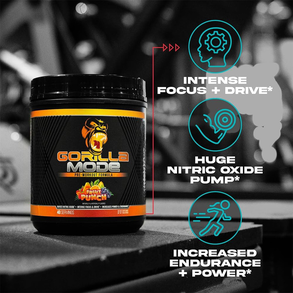 Gorilla Mind Pre Workout - Massive Pumps Laser Focus Energy Power - L-Citrulline, Creatine, L-Tyrosine, Betaine, Hydroprime, Alpha-Gpc, 400Mg Caffeine, Huperzine A - 816G (Fruit Punch)