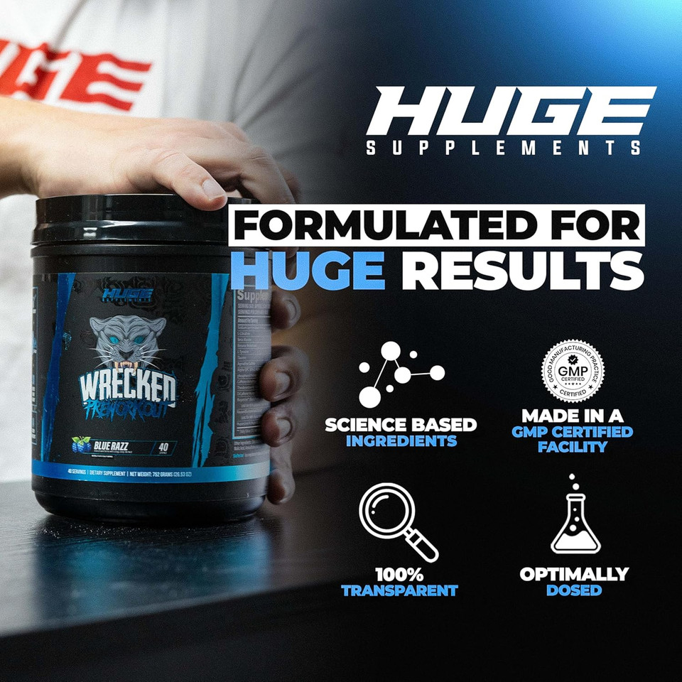 Huge Supplements Wrecked Pre-Workout, Advanced Formula, Boosts Energy, Focus, Pumps & Performance, 10G L-Citrulline, 6.4G Beta Alanine, 5G Tyrosine, 1G Alpha Gpc, 375Mg Fast-Acting Caffeine & More