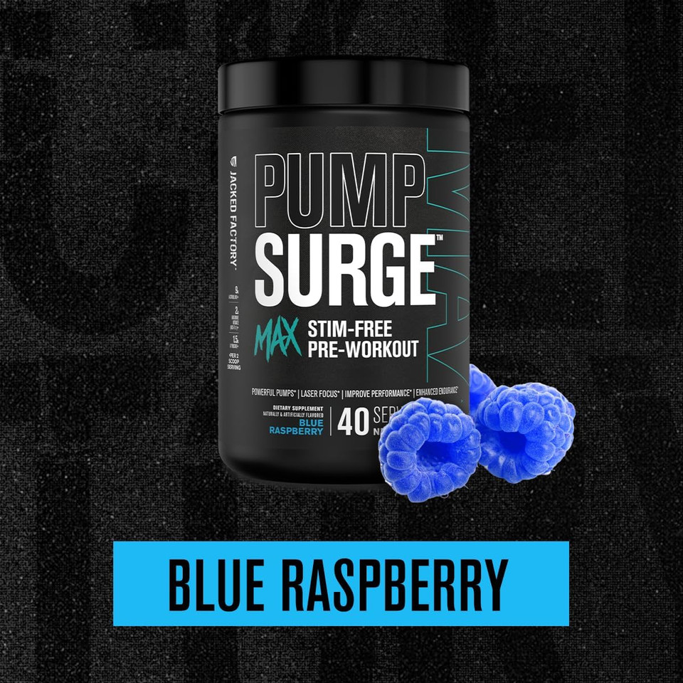 Jacked Factory Pumpsurge Max Stim Free Pre Workout - High-Performance Caffeine Free Pre Workout With L-Citrulline, N03-T Arginine Nitrate & Glutathione - 40 Servings, Blue Raspberry