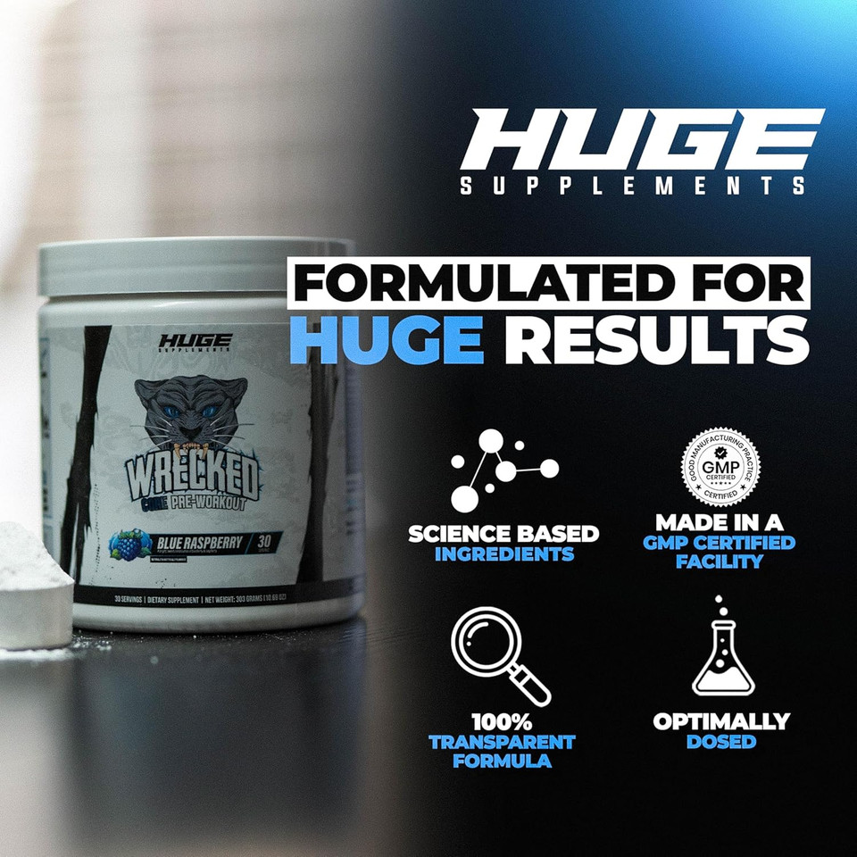 Wrecked Core - All-In-One Pre-Workout Supplement For Men & Women, Increase Energy, Focus & Pumps With L-Citrulline, Beta-Alanine, L-Tyrosine & More (30 Servings) - Blue Raspberry