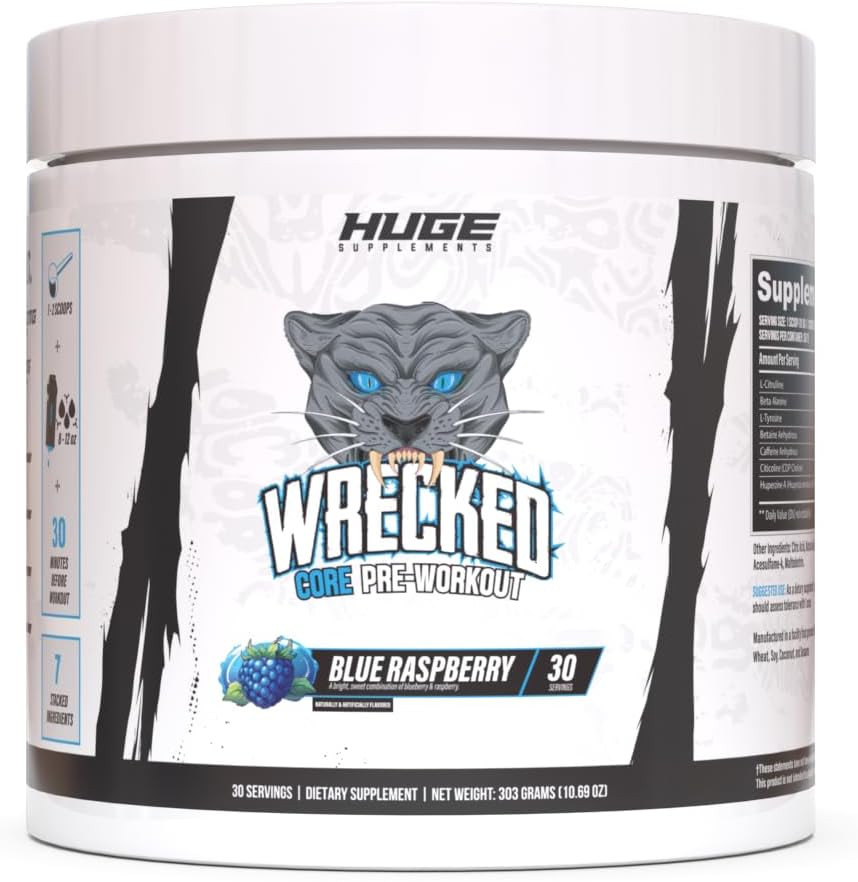 Wrecked Core - All-In-One Pre-Workout Supplement For Men & Women, Increase Energy, Focus & Pumps With L-Citrulline, Beta-Alanine, L-Tyrosine & More (30 Servings) (Strawberry Kiwi)