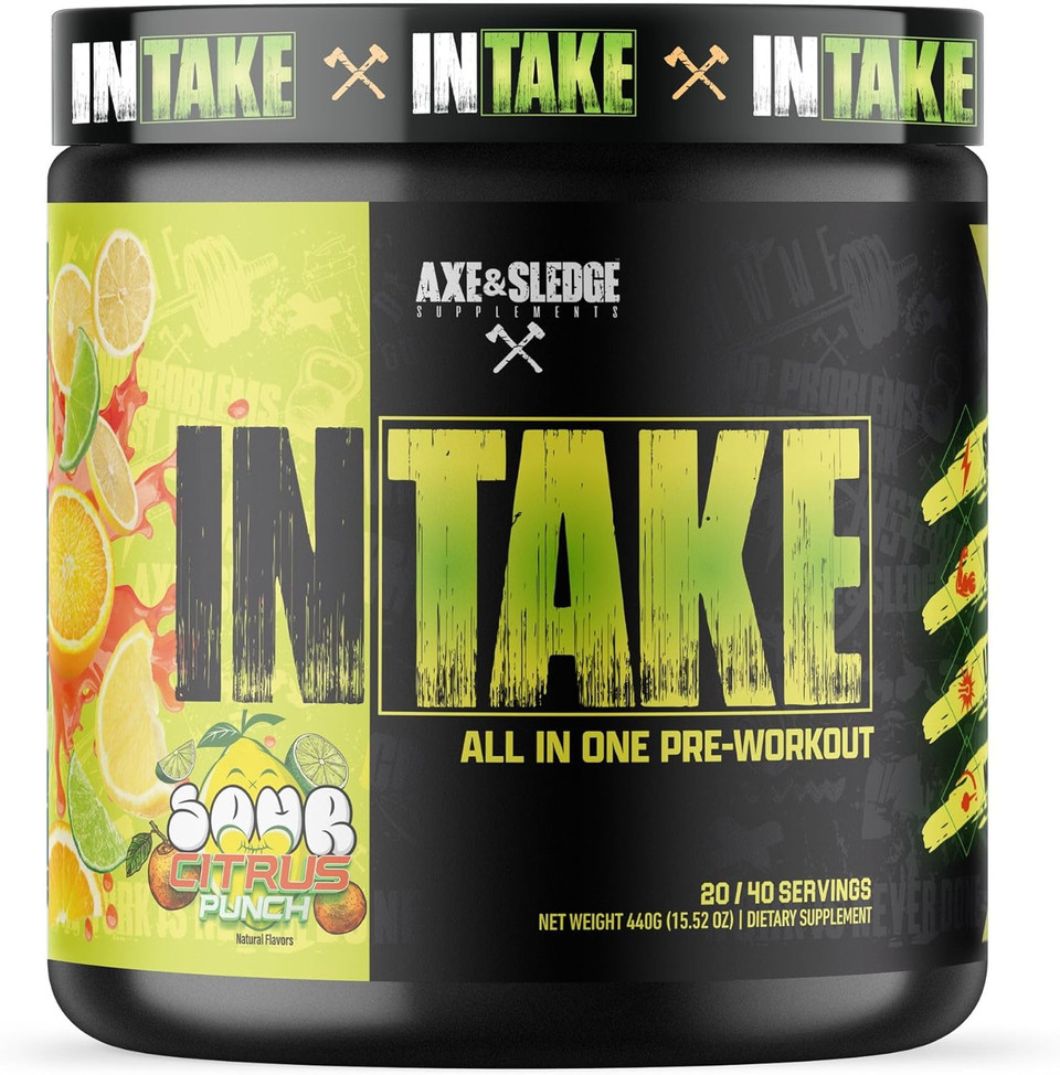 Axe & Sledge Intake All-In-One Pre-Workout | 300Mg Caffeine | L-Citrulline, Beta Alanine, Betaine For Performance & Focus | Pre-Workout For Men & Women | 20/40 Servings, Sour Citrus Punch