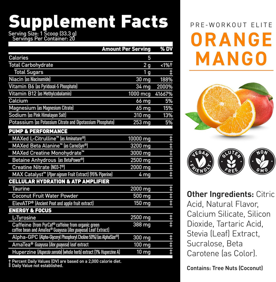 Kaged Pre Workout Powder Pre-Workout Elite For Men & Women, High Stimulant For Energy, Focus, Pumps, L-Citrulline, Beta Alanine, Creatine & 388Mg Of Organic Caffeine, Orange Mango