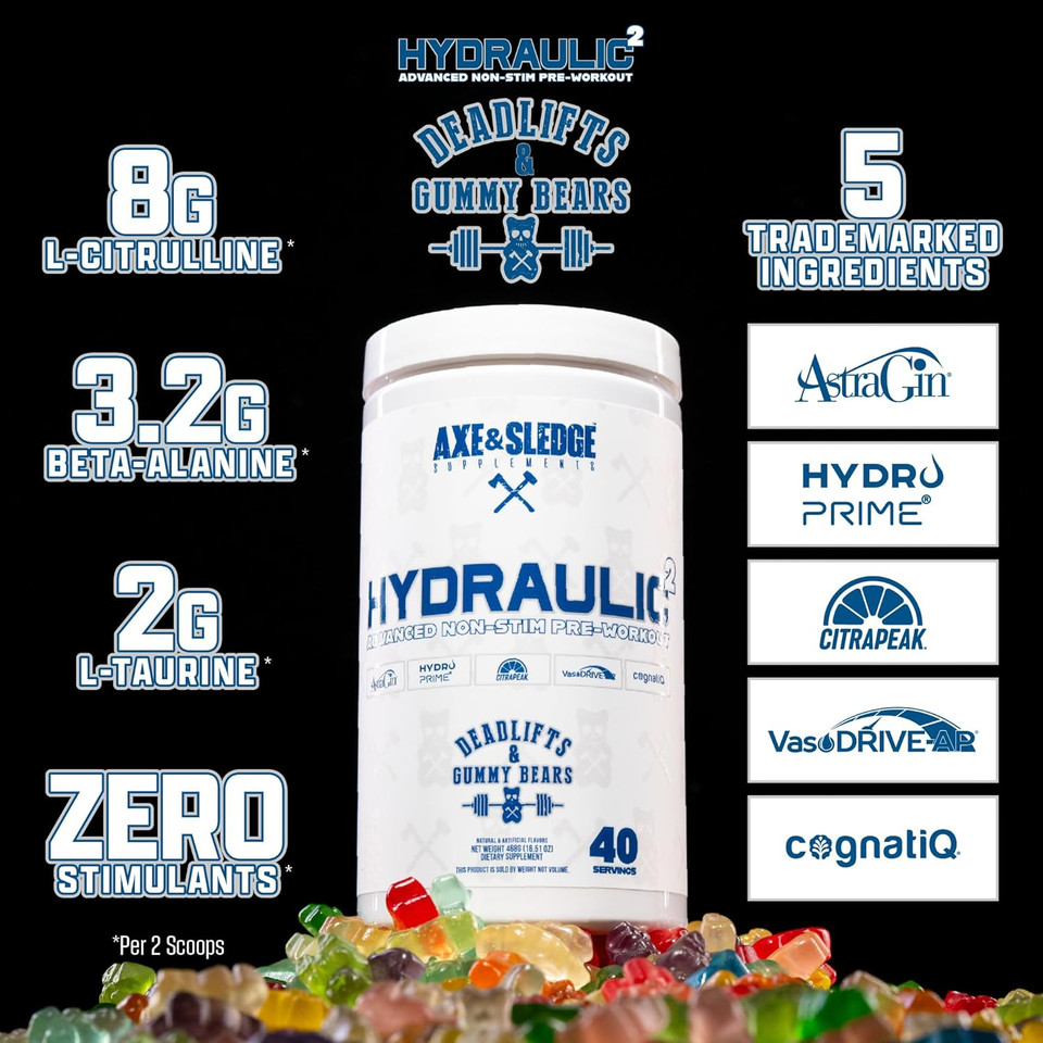 Axe & Sledge Hydraulic Stim-Free Pre-Workout Powder For Men & Women | Performance, Stamina, Focus, Pumps | L-Citrulline, Beta Alanine, Creatine, Caffeine-Free, Deadlifts & Gummy Bears
