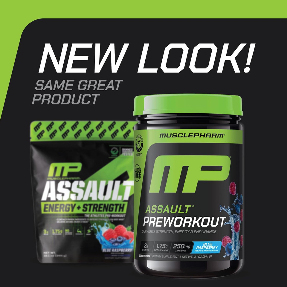 Muscle Pharm Assault Energy & Strength Pre Workout Powder For Men & Women With Beta Alanine, Caffeine, Creatine & Betaine Anhydrous, Pre-Workout Supplements, 30 Servings, Blue Raspberry Flavor Muscle Pharm Assault Energy & Strength Pre Workout Powder For Men & Women With Beta Alanine, Caffeine, Creatine & Betaine Anhydrous, Pre-Workout Supplements, 30 Servings, Blue Raspberry Flavor
