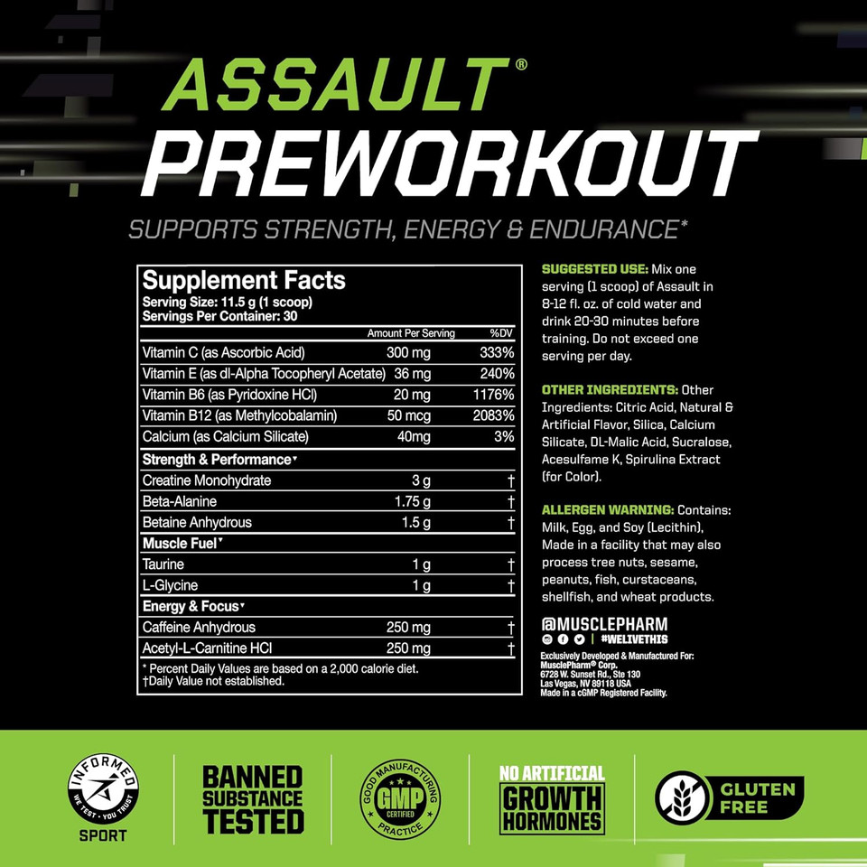 Muscle Pharm Assault Energy & Strength Pre Workout Powder For Men & Women With Beta Alanine, Caffeine, Creatine & Betaine Anhydrous, Pre-Workout Supplements, 30 Servings, Fruit Punch Flavor