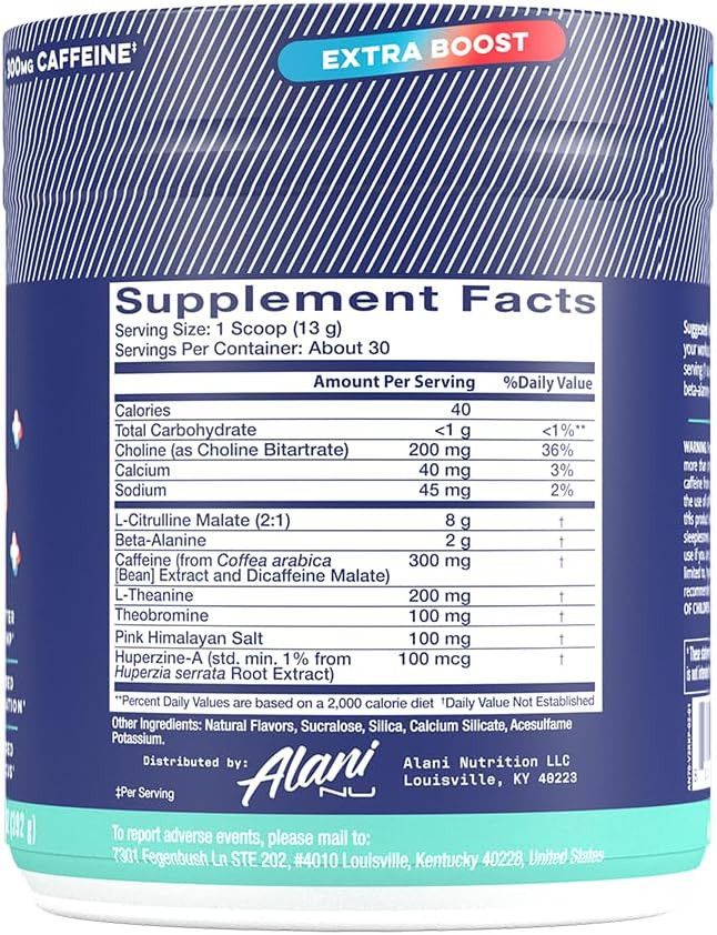 Alani Nu Pre Workout+ Powder Rocket Pop, Extra Boost, Sugar Free, 300Mg Caffeine, L-Theanine, Beta-Alanine, Citrulline, 30 Servings