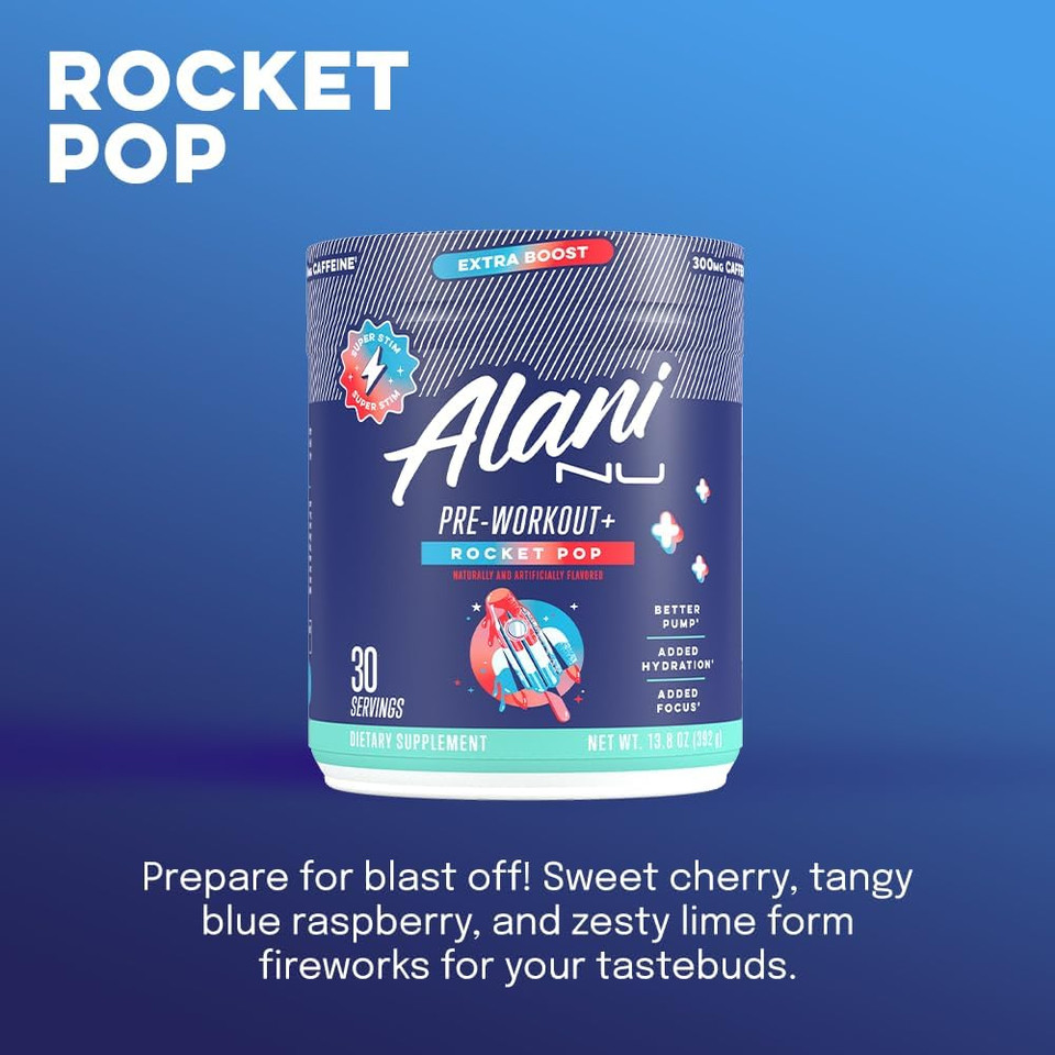 Alani Nu Pre Workout+ Powder Rocket Pop, Extra Boost, Sugar Free, 300Mg Caffeine, L-Theanine, Beta-Alanine, Citrulline, 30 Servings