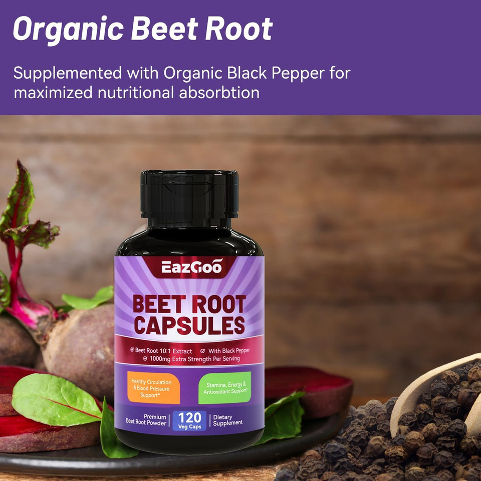 Beet Root Capsules 1000Mg Per Serving, Supports Nitric Oxide Production & Blood Pressure, With Black Pepper Extract, Non-Gmo, Gluten Free, Vegan - 120 Counts