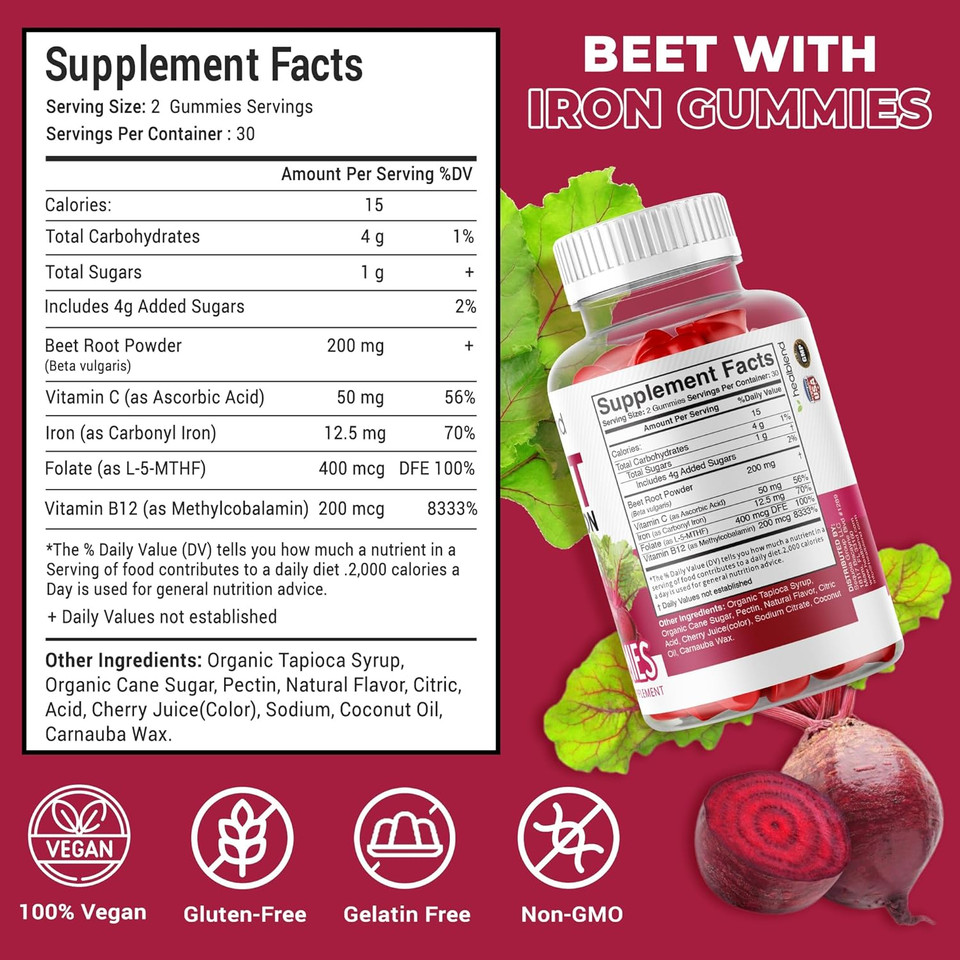 Healblend Beet Root Gummies 200Mg - Nitric Oxide Booster Beets With Iron For Heart Health, Circulation & Healthy Blood Pressure Support, Natural Flavored - 60 Gummy (1)