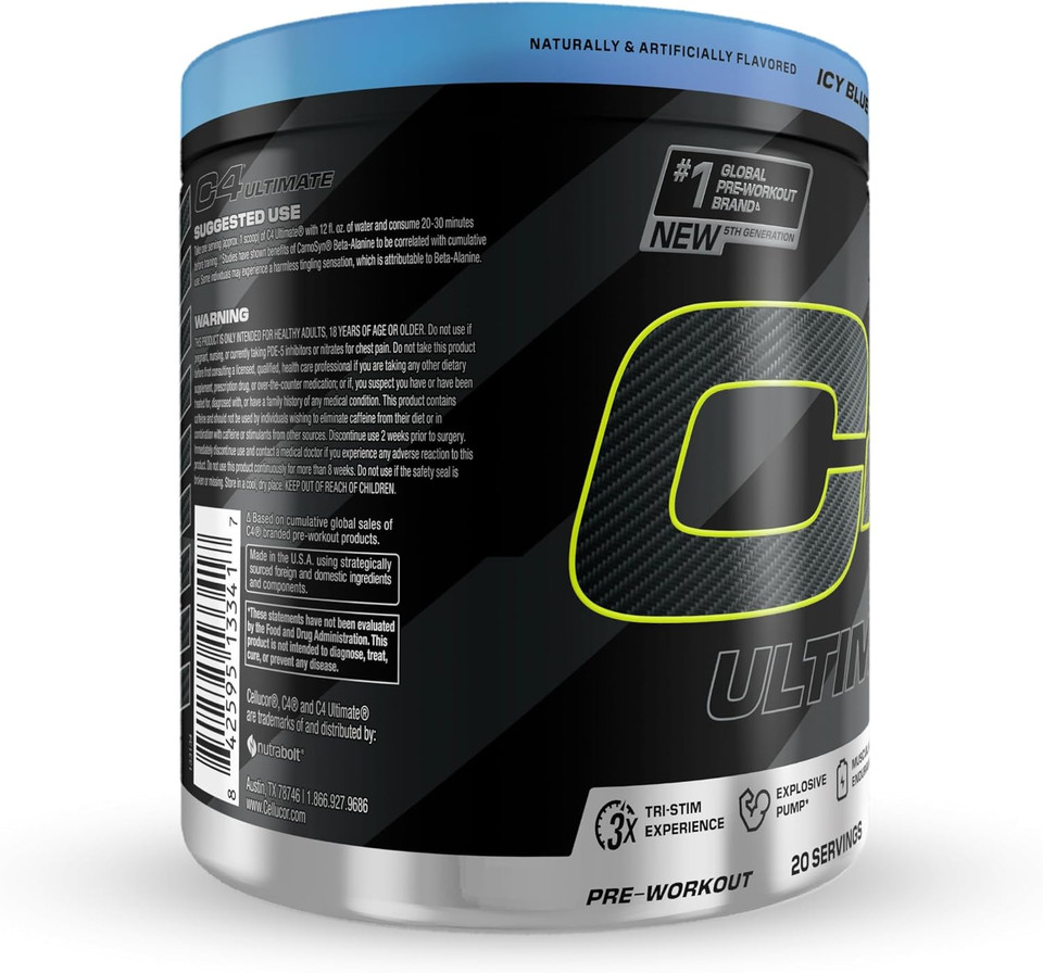 Cellucor C4 Ultimate Pre Workout Powder - Sugar Free Preworkout Energy Supplement For Men & Women - 300Mg Caffeine + Teacrine + Dynamine + Creatine - Icy Blue Razz, 20 Servings