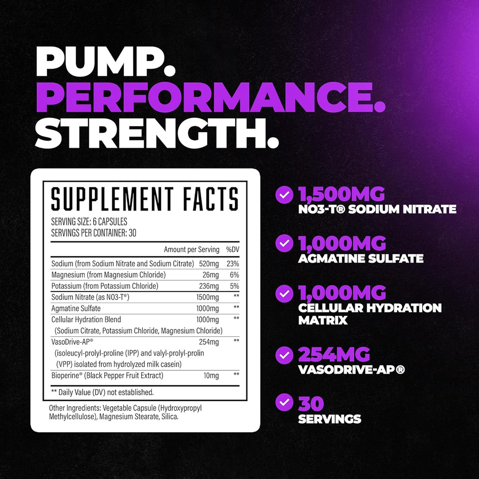 Huge Supplements Magnify Pump Pills & Nitric Oxide Booster, Enhance Muscle Pumps, Fullness & Vascularity, Science-Backed Ingredients - No3-T Nitrates, Agmatine Sulfate, Vasodrive-Ap (180 Capsules)