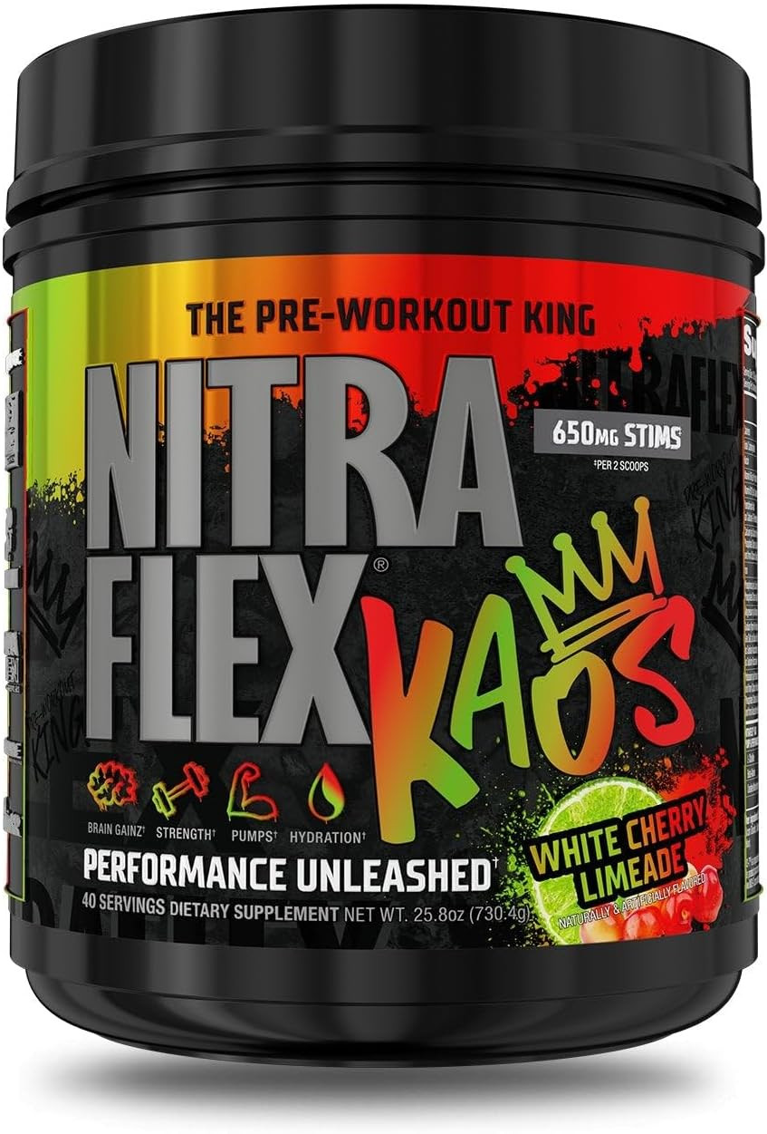 Gat Sport Nitraflex Kaos White Cherry Lime Pre-Workout Powder, Citrulline, Nitrates High-Stim Energy, Pump & Focus Booster 40 Servings
