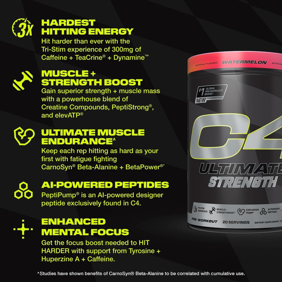 Cellucor C4 Ultimate Strength Pre Workout Powder - Tri-Stim Experience 300Mg Caffeine+Teacrine+Dynamine - Creatine & Beta-Alanine - Energy Supplement For Men & Women - Watermelon, 20 Servings