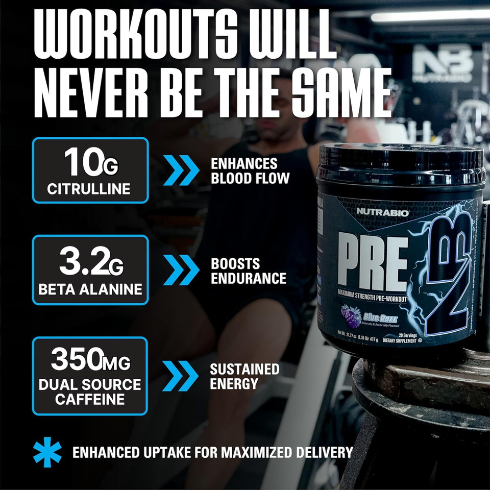 Nutrabio Pre Workout Powder - New Formula- Sustained Energy, Mental Focus, Endurance - Beta Alanine, Caffeine, Electrolytes - 20 Servings - Blue Razz