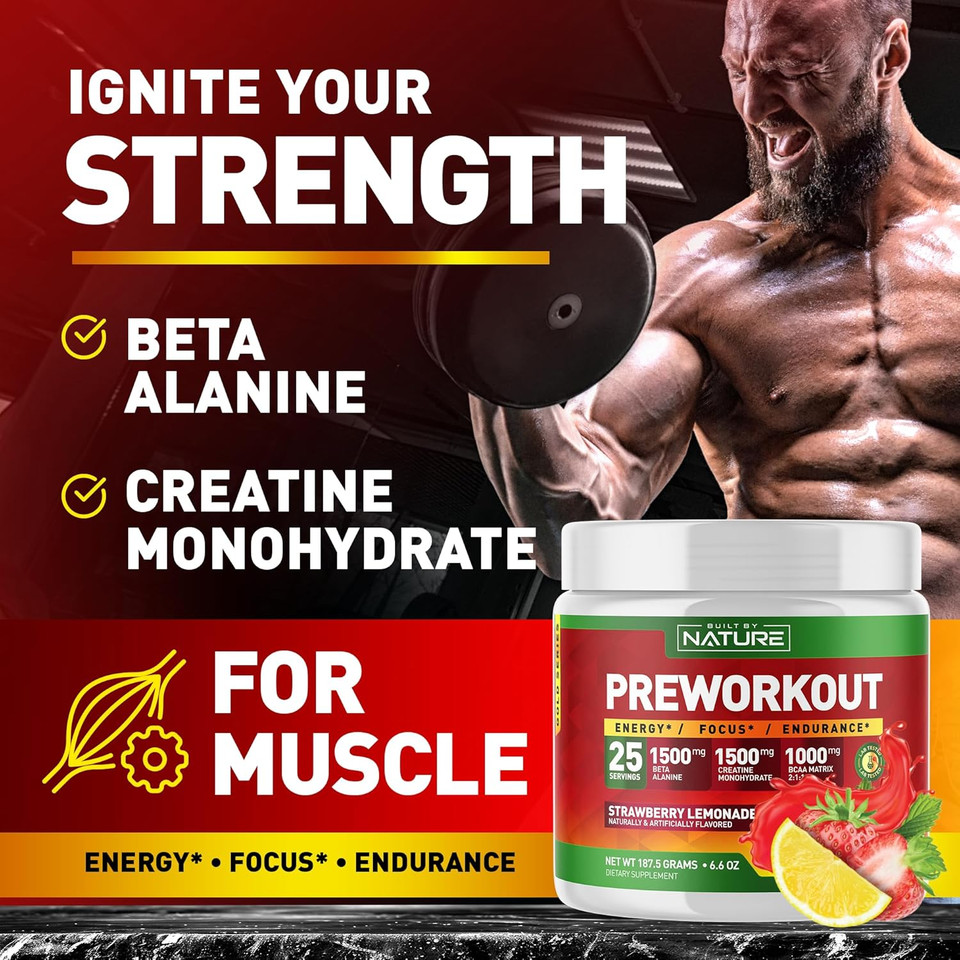 Built By Nature Pre Workout Powder With Beta Alanine, Creatine Monohydrate, Bcaa, L Citrulline, L Arginine And Caffeine - Strawberry Lemonade Flavor - 25 Servings