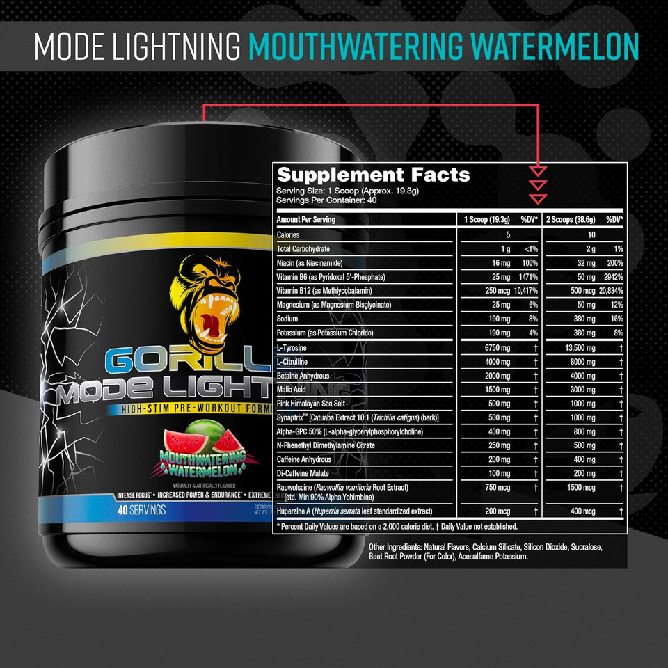 Gorilla Mode Lightning Pre-Workout - Extreme Energy · Laser Focus · Powerful Pumps · Peak Performance - 550Mg Caffeine, 13500Mg L-Tyrosine, Alpha-Gpc 772G (Mouthwatering Watermelon)
