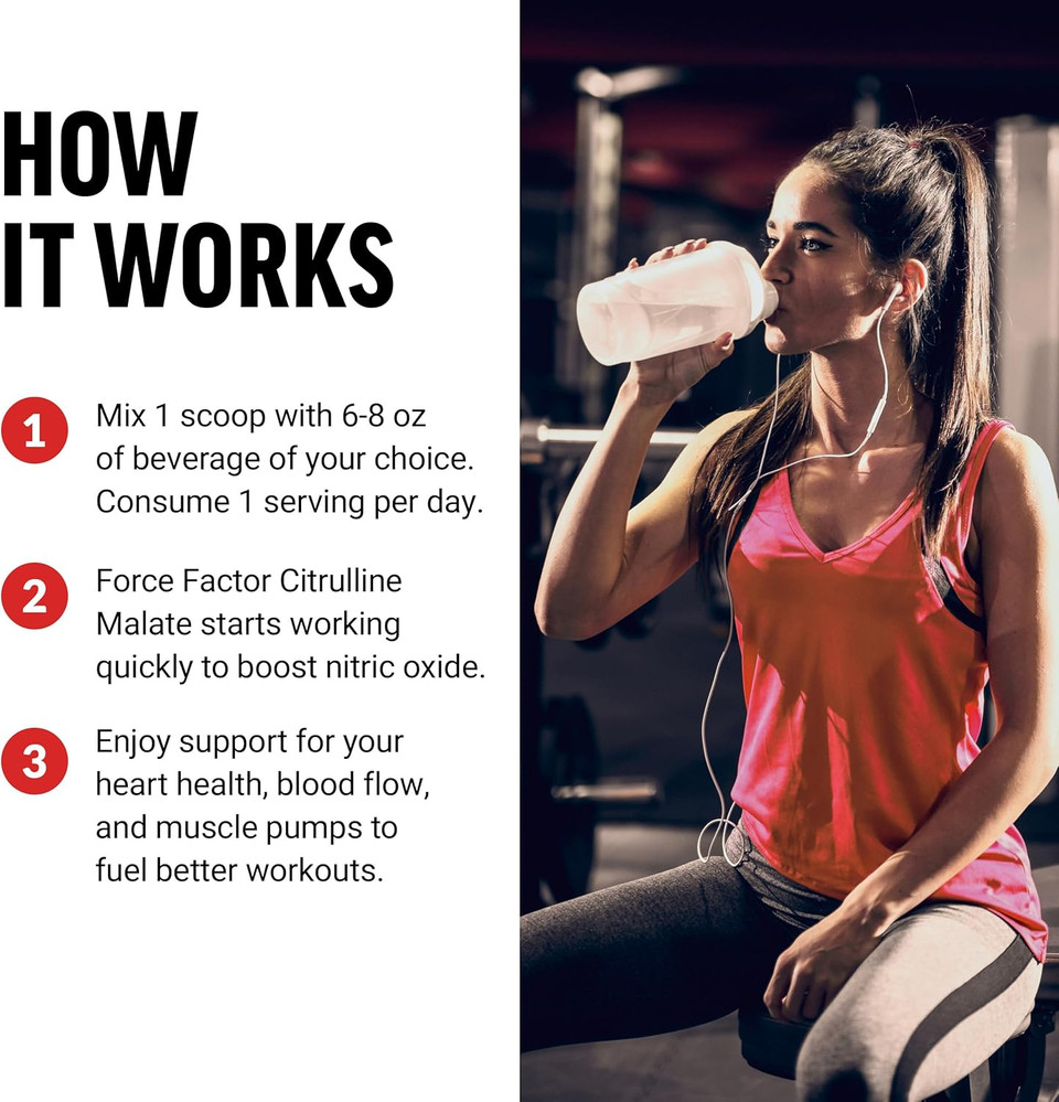 Force Factor Citrulline Malate 2:1, L Citrulline Supplement For Men To Boost Nitric Oxide, Blood Flow, Muscle Pumps, And Performance, L Citrulline Powder Pump Supplement, Unflavored, ~66 Servings