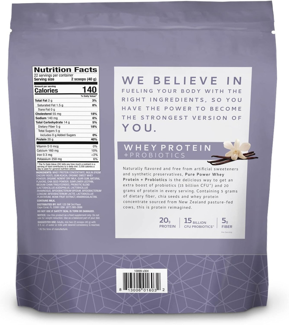 Dr. Mercola Pure Power Whey Protein + Probiotics - 15 Billion Cfu - Gut, Muscle & Immune Support - With Mcts & Fiber - Non-Gmo & Gluten-Free - 31 Oz (22 Servings) - Vanilla