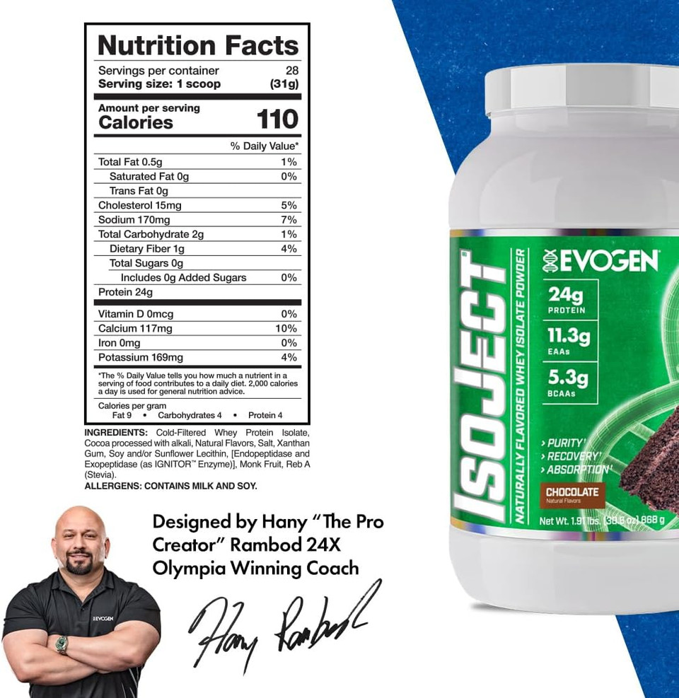 Evogen Isoject Naturals - Whey Protein Isolate | Naturally Flavored, Ultra-Pure Whey Protein Powder With Ignitor Enzymes, Bcaas, And Eaas | Enhanced Absorption & Recovery | Chocolate | 28 Servings