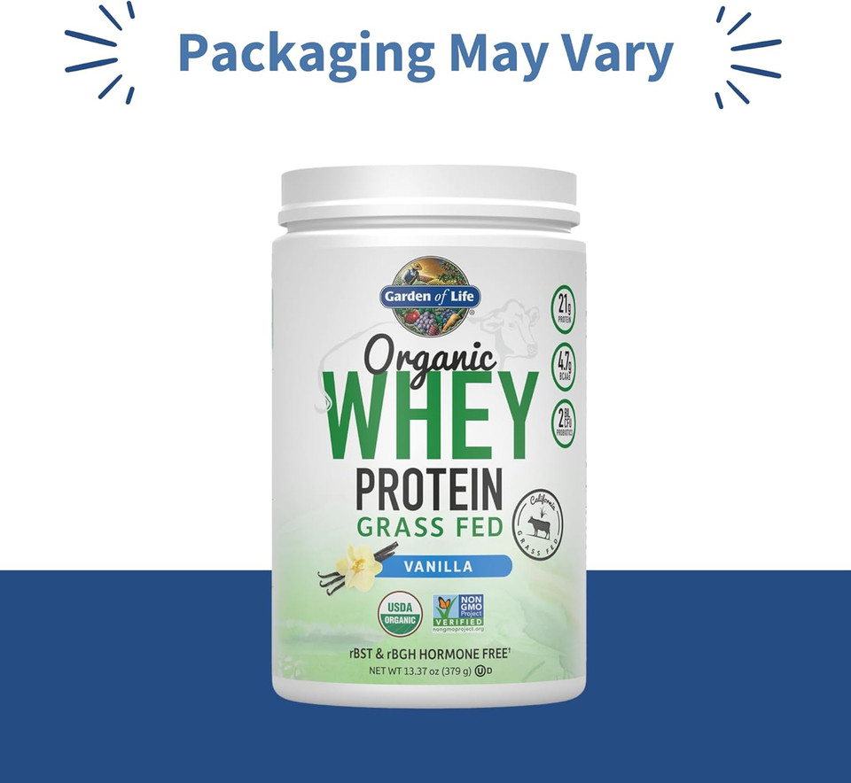 Garden Of Life Grass Fed Whey Protein Powder Vanilla - 21G Protein For Women & Men + Probiotics - 12 Servings - Gluten Free, Non Gmo, Kosher, Humane, Rbst & Rbgh Hormone Free