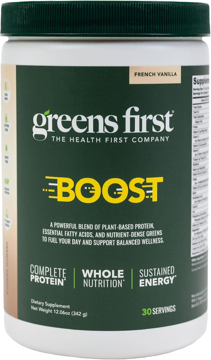 Greens First Boost - Plant-Based Protein & Balanced Nutrition - Superfood Shake Mix - No Wheat Or Soy - Dairy-Free - Vegan - French Vanilla, 12.06 Oz