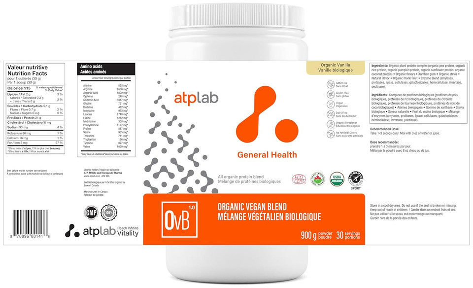 Atp Lab Organic Vegan Blend Powder, 900G 30-Servings - Vanilla Flavour, Gluten-Free And Non-Gmo - A Complex Of Plant-Based Proteins And Mixture Of Enzymes