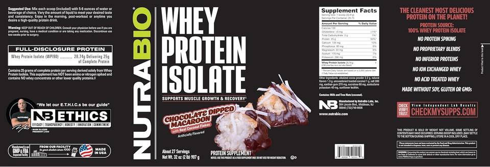 Nutrabio 100% Whey Protein Isolate Protein Powder, 25G Protein With Complete Amino Acid Profile, Soy And Gluten Free, Low Carb And Low Calorie Whey Protein Powder, Chocolate Dipped Macaroon, 2 Lbs