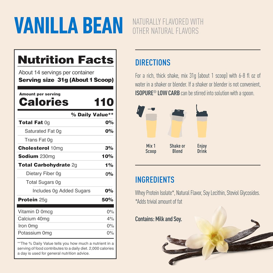 Isopure Protein Powder, Whey Protein Isolate Powder, 25G Protein, Low Carb & Keto Friendly, Naturally Sweetened & Flavored, Flavor: Tahitian Vanilla, 1 Pound