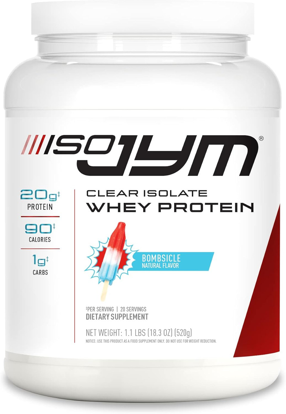 Jym Supplement Science Iso Jym Bombsicle, 90 Calories, 100% Whey Protein Isolate, Zero Fat, Zero Sugars, Mixes Clear, For Women & Men, 20 Servings