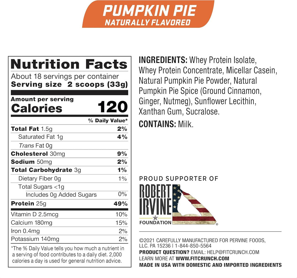 Fitcrunch Tri-Blend Whey Protein, Keto Friendly, Low Calories, High Protein, Gluten Free, Soy Free (18 Servings, Pumpkin Pie)