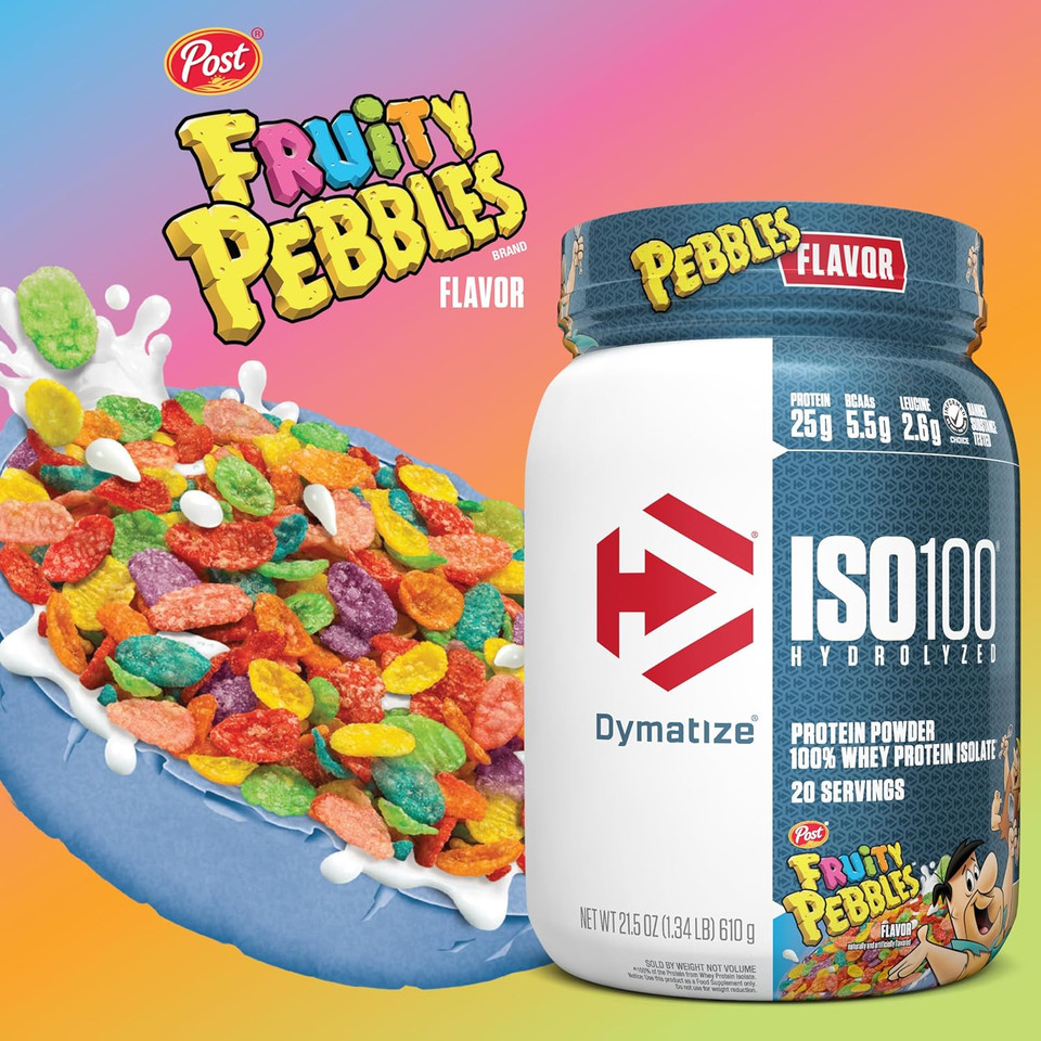 Dymatize X Fruity Pebbles Iso100 Whey Protein Powder Isolate, 25G Of Protein, 5.5G Bcaas, 120 Cal., Gluten Free, 1G Fat, 1G Sugar, 2G Carb (45 Servings)