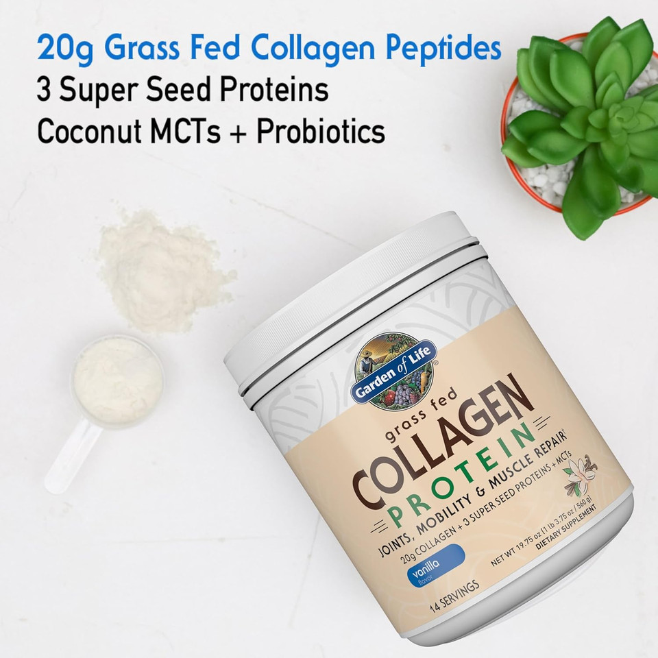 Garden Of Life Grass Fed Collagen Protein Powder - Vanilla, 14 Servings, Collagen Powder For Joints Mobility Muscle Repair, Collagen Peptides, Super Seeds Coconut Mcts, Hydrolyzed Collagen Supplement