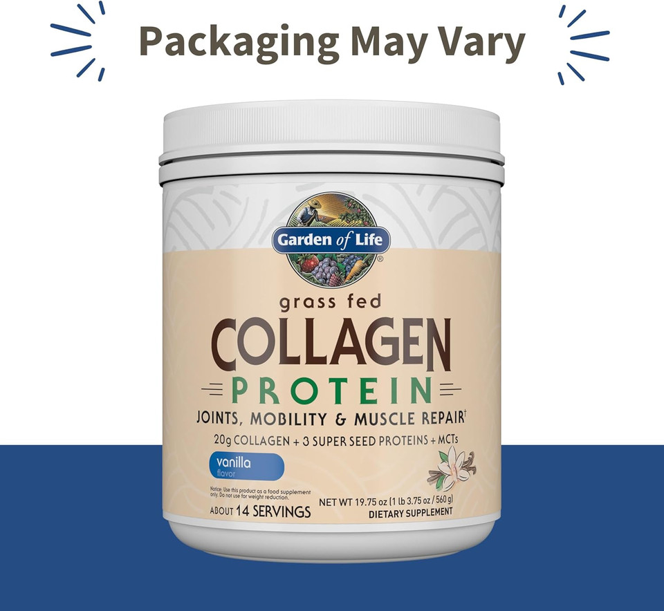 Garden Of Life Grass Fed Collagen Protein Powder - Vanilla, 14 Servings, Collagen Powder For Joints Mobility Muscle Repair, Collagen Peptides, Super Seeds Coconut Mcts, Hydrolyzed Collagen Supplement