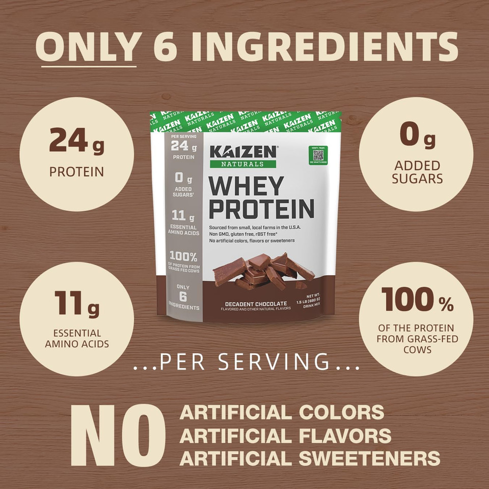 Whey Protein | Chocolate | 24G Protein | Grass Fed | No Artificial Ingredients | 6 Ingredients | Satisfy Hunger | See The Test Results | No Added Sugar | Gluten Free | Non Gmo | 1.5Lb | 20 Servings