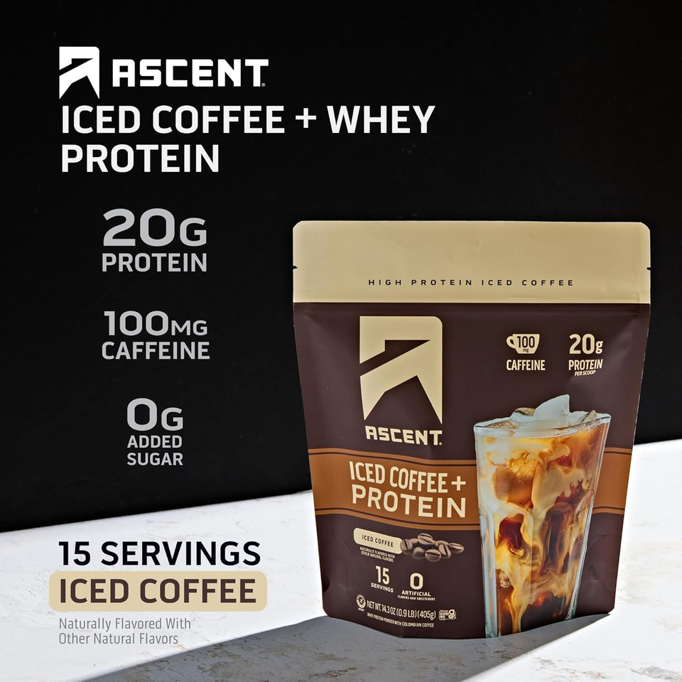 Ascent Iced Coffee Protein Powder - High Protein Coffee Powder, 20 G Protein & 100 Mg Caffeine - 30 Servings