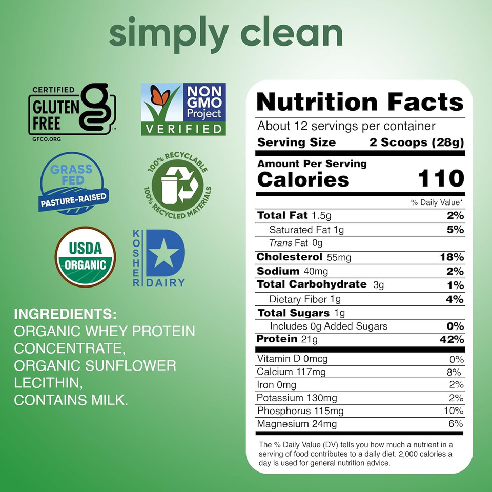 Simply Tera'S Organic Whey Protein Powder - Grass Fed Whey Protein Powder Without Artificial Sweeteners, Unflavored Protein Powder, Non-Gmo, Kosher, Gluten-Free - Plain Unsweetened 12 Oz