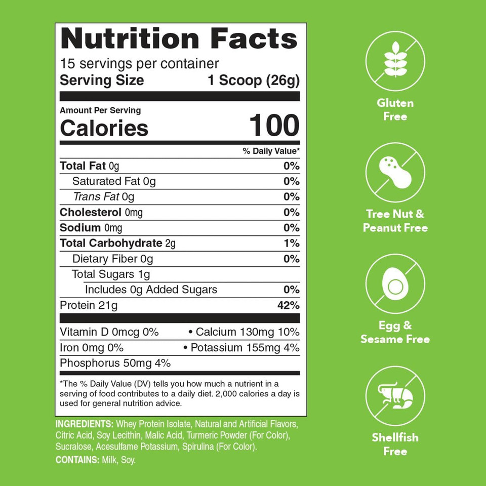 Whey Protein Powder | Lemon Lime | 21G 100% Whey Isolate Protein Powder | Low Carb And Lactose Free | Gluten Free | Certified Kosher | 15 Servings